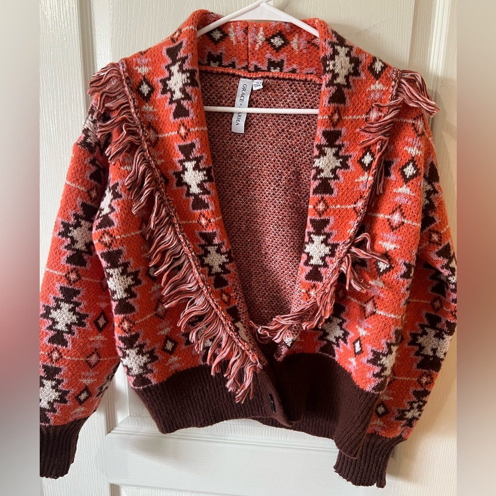 Cider Aztec Fringe Tassel Cardigan Sweater Size Small Boho Southwestern Artsy *